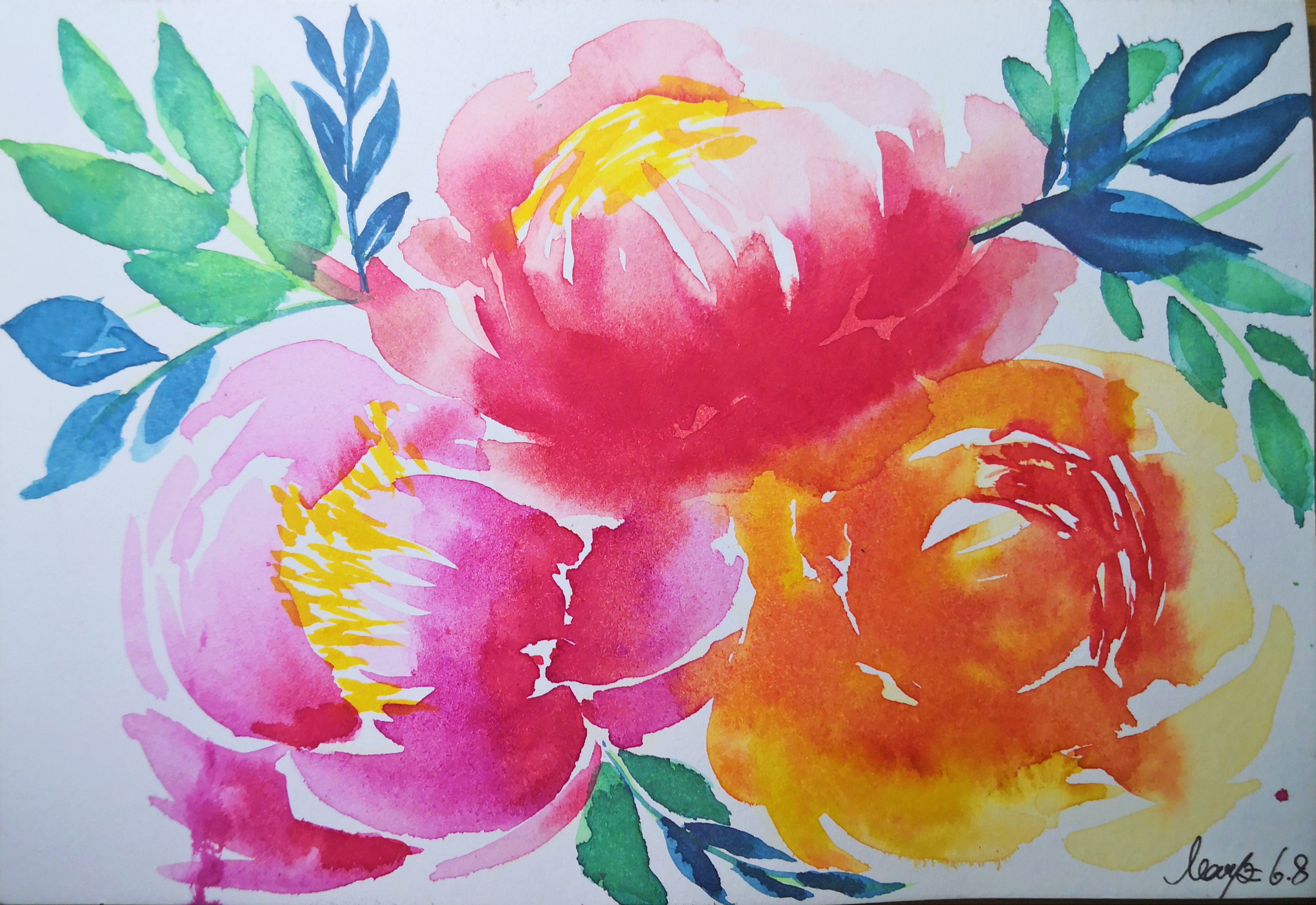 How to draw a watercolor rose and peony flower step by step easy