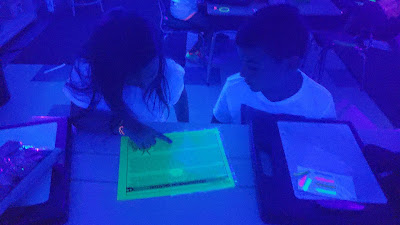Students reading a non fiction text in the black light