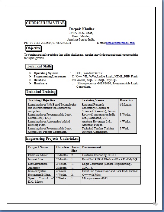 resume format for final year student