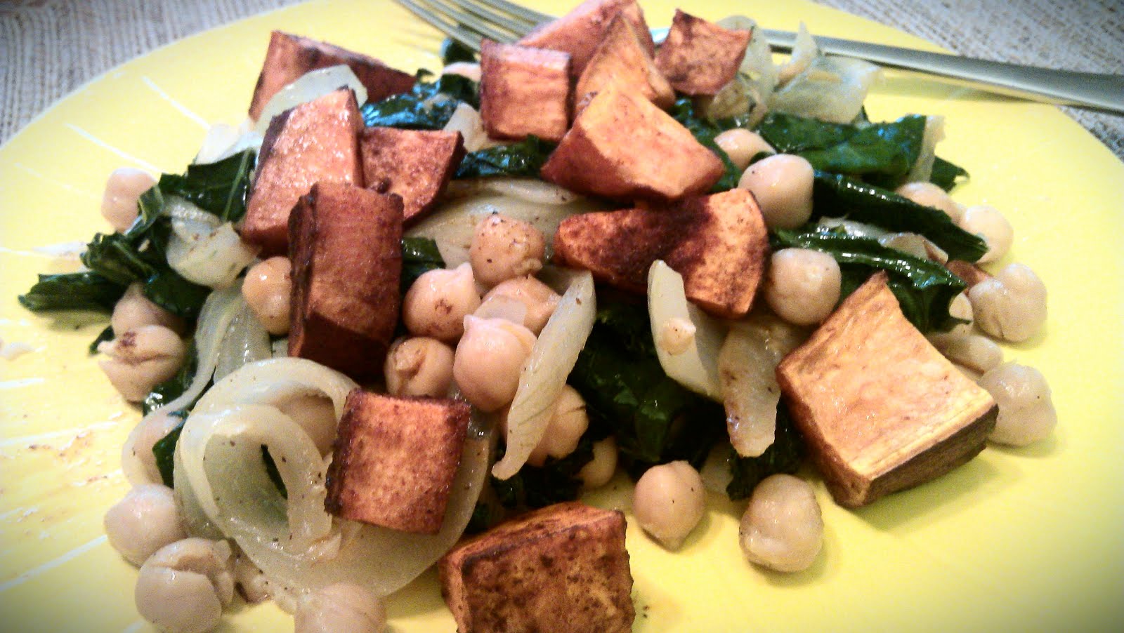 Clean, Fresh and mostly Veggie Warm Kale Salad with Roasted Yam and