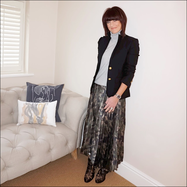 My Midlife Fashion, J Crew rhodes blazer, marks and spencer pure cashmere polo neck jumper, asos pleated skirt in camou satin, chloe susanna boots