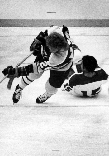 The Caps played eight preseason games     in the 1970s against WHA opponents.          On Sept. 29, 1976, Washington bested Cincinnati 3-2 in Dayton, OH. Judging from Guy Charron (15) and the Stingers' Greg Carroll, the rink may have been tilted.