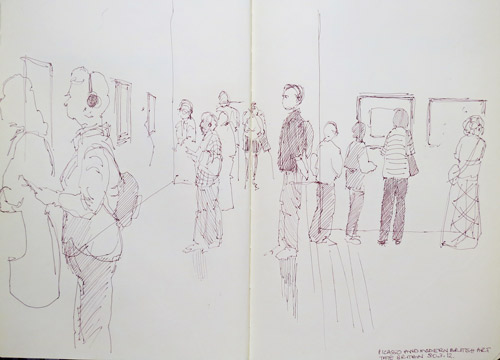 Visitors to the picasso and modern british art exhibition at tate britain 1 pen and sepia ink and coloured pencils in moleskine sketchbook 11 x 16 Visitors to the picasso and modern british art exhibition at tate britain 1 pen and sepia ink and coloured pencils in moleskine sketchbook 11 x 16