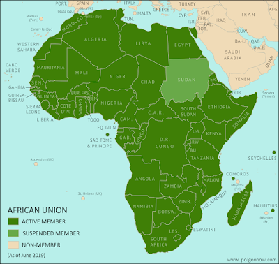 Map of Africa showing active and suspended members of the African Union (AU). Updated for the January 2017 admission of Morocco and the April 2016 lifting of the Central African Republic's suspension (colorblind accessible).