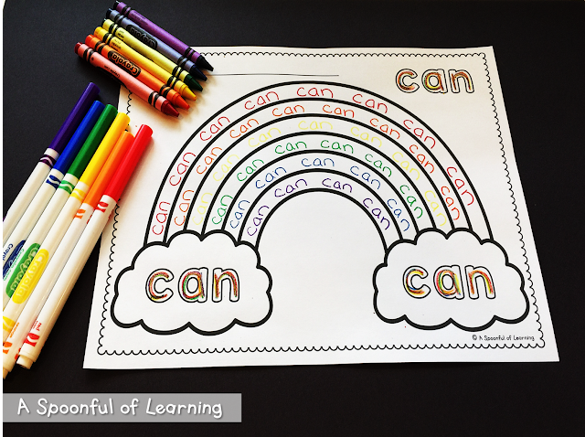 A sight word rainbow writing activity for the word "can"