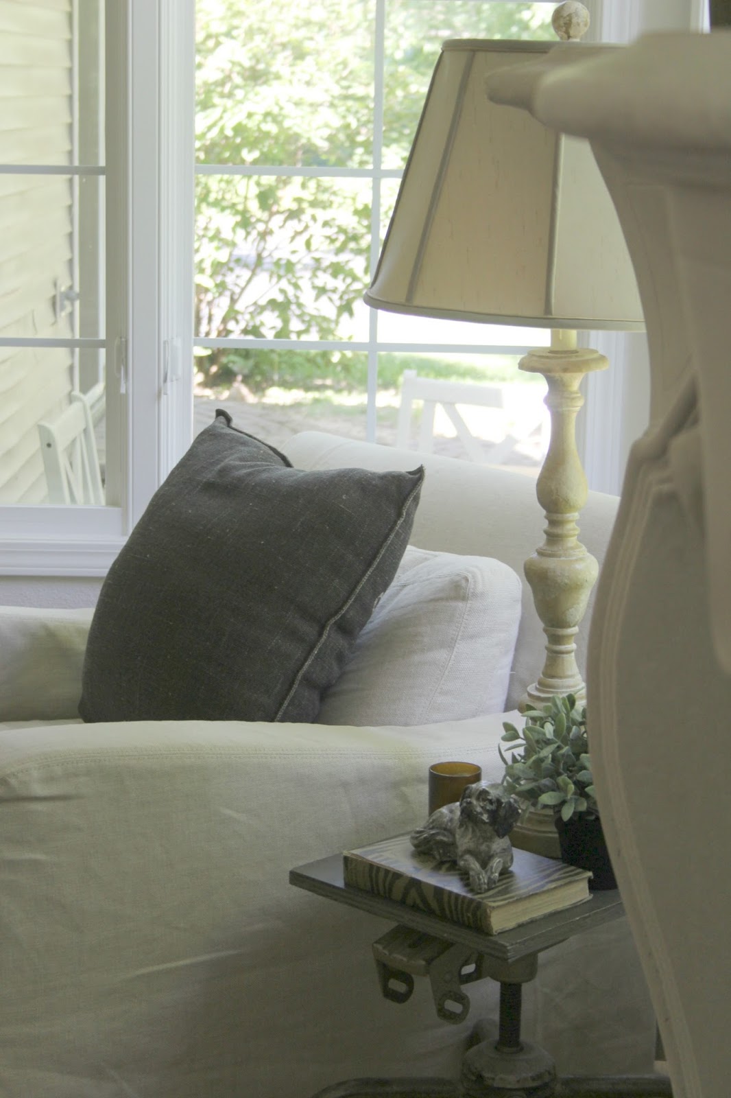 Detail of Belgian linen club chair. Come tour my home and consider low cost timeless decorating approaches to simple decor.