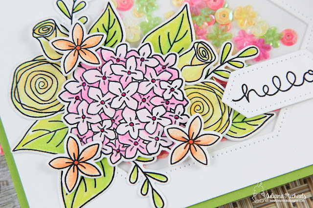 Hello Floral Faux Shaker Card by Juliana Michaels featuring Newton's Nook Designs Lovely Blooms Stamp and Studio Katia Dies and Sequins
