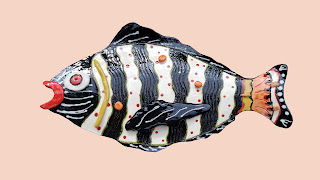 Stripe fish on Pantone Crème de Pêche color colored wall 1920x1080 Fish Art hanging on a peach colored wall
