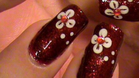 Maroon Nails With White Flowers