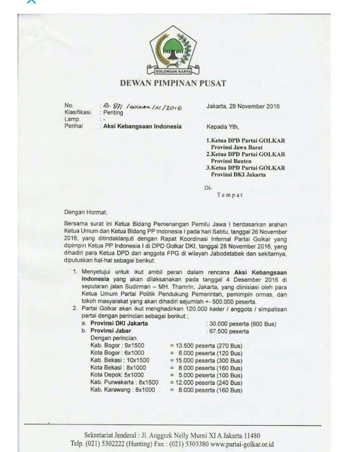 Beredar Surat Pengerahan Massa Untuk Melakukan Aksi 4 Desember Kepada Para Kader Parpol Dan PNS