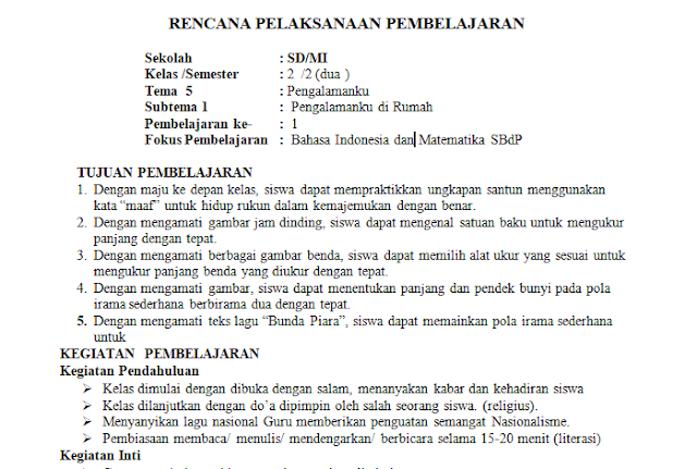 RPP 1 Lembar Kelas 2 SD/MI Tema 8: Keselamatan dirumah dan diperjalanan