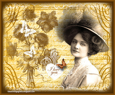 imagen vintage con dama victoriana, flores y letras