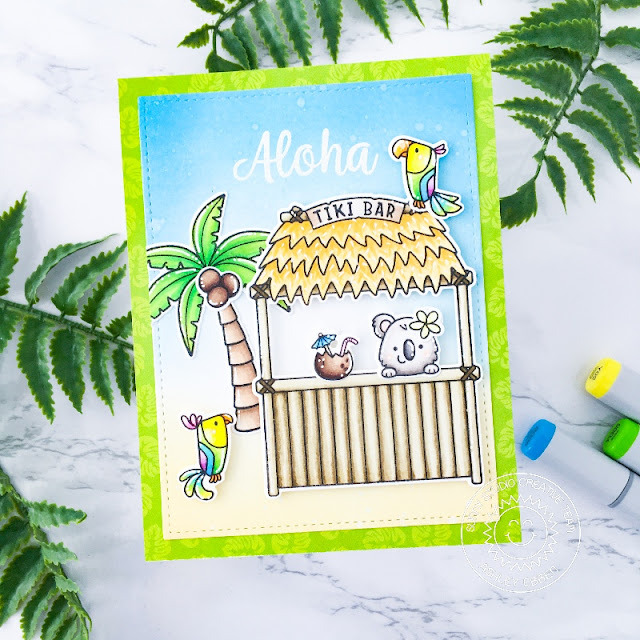 Sunny Studio Stamps: Tiki Time Stitched Rectangle Dies Beach Buddies Seasonal Trees Tropical Themed Card by Ashley Ebben