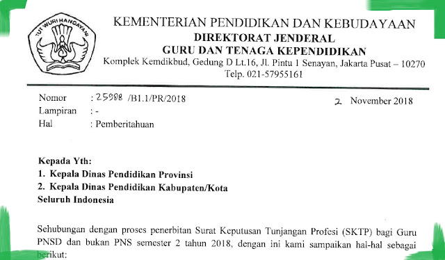 Surat Edaran Tentang Surat Keputusan Tunjangan Profesi  Surat Edaran Tentang SK SKTP bagi Guru PNSD dan Bukan PNS Semester 2 Tahun 2018/2019