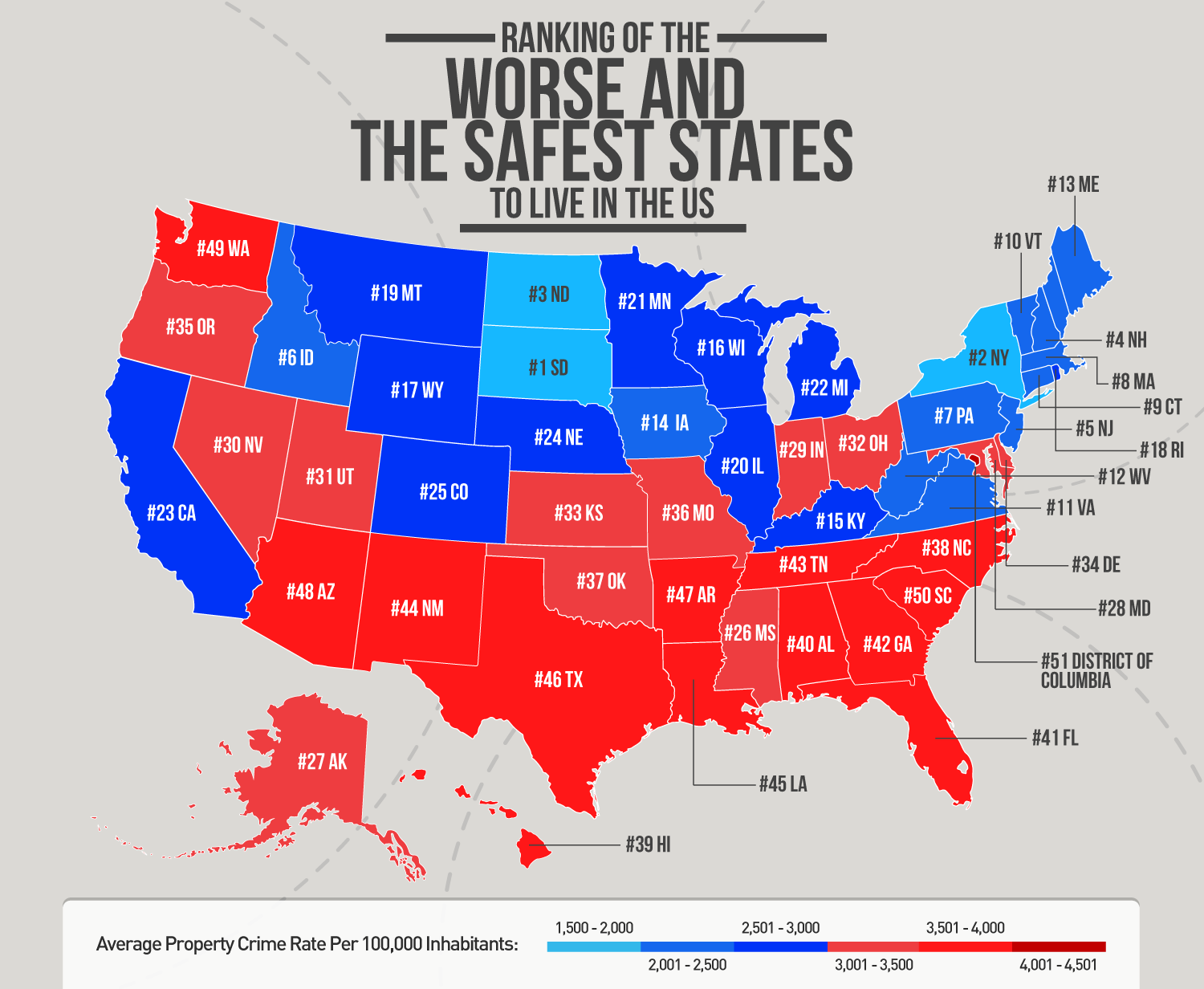 Ranking of the worse and the safest states to live in the U.S. - Vivid Maps