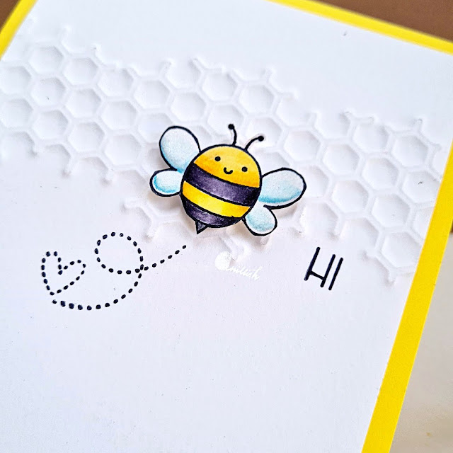 Dry embossing with dies, Stretch your dies, Dry embossing with dies, CAS card with bee, Bee card, Pretty pink posh bee friends stamp set, Cute card, Honey comb dies., Zig clean color coloring, Quillish