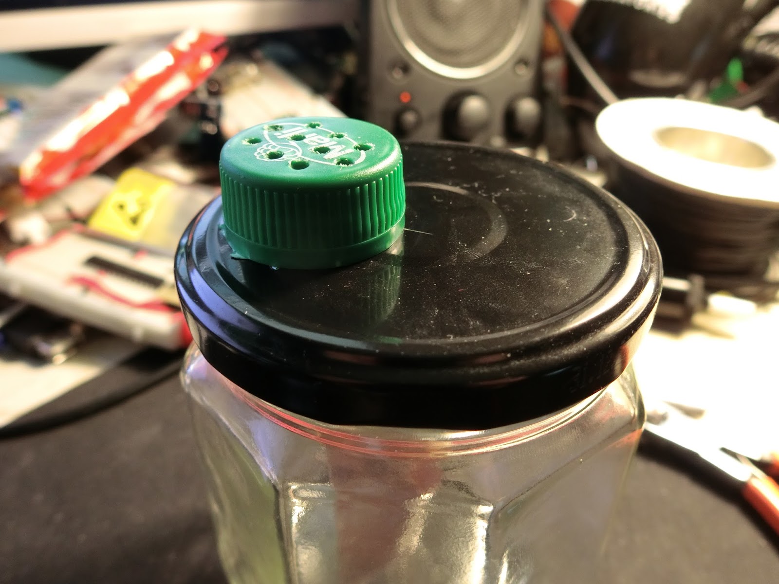 I built a jerry-rigged airbrush cleaning pot out of a spread jar