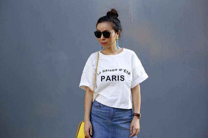 madewell taylor crop graphic tee, madewell denim skirt, karen walker harvest sunglasses, baublebar acid fringe drops, tory burch ROBINSON STITCHED ADJUSTABLE SHOULDER BAG, sole society neon pumps, daniel wellington watches, fashion blog, ny fashion blog, denim skirt street style