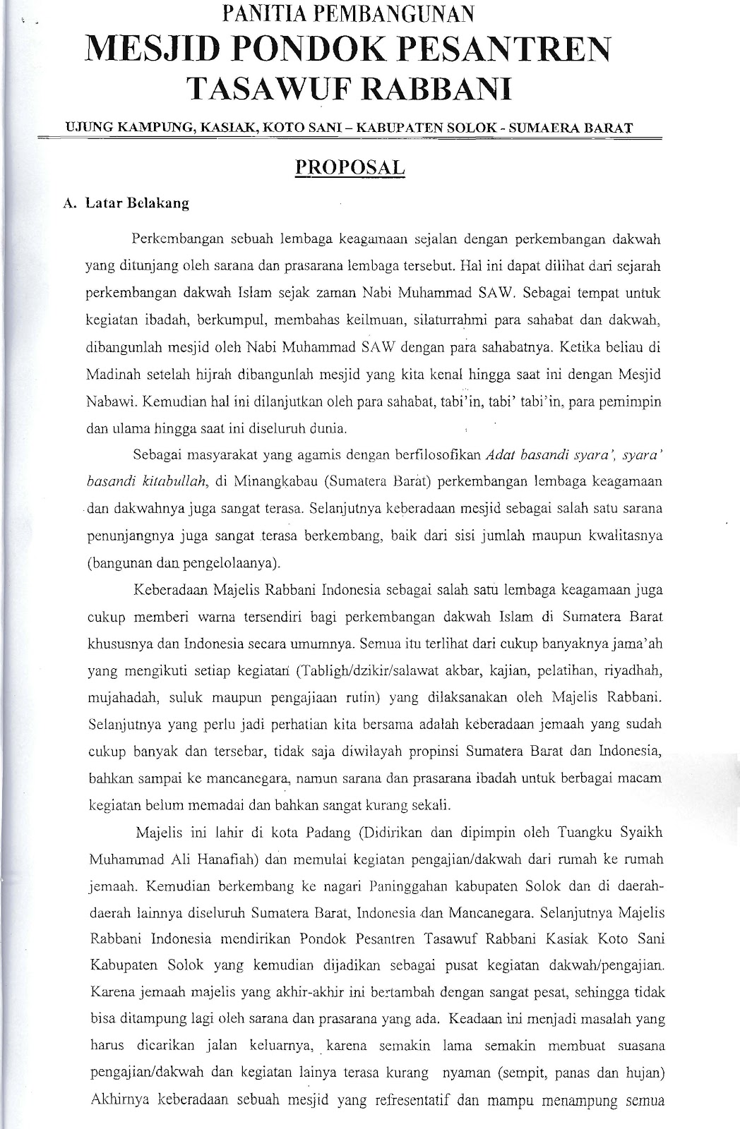 Majelis Rabbani Proposal Pembangunan Masjid Ponpes