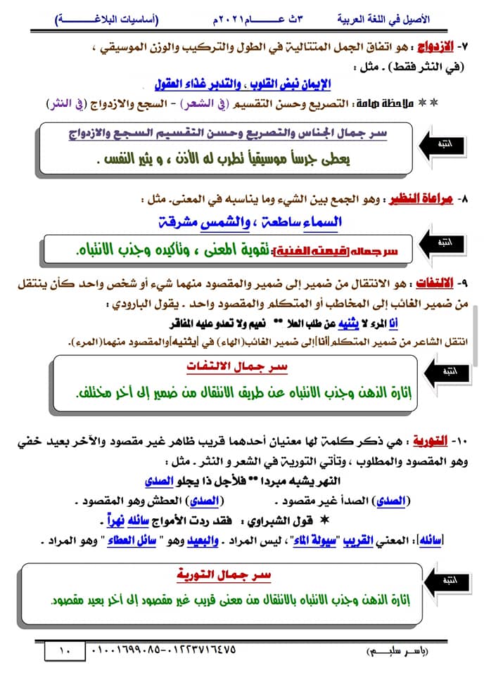 البلاغة - مراجعة البلاغة لثالثة ثانوي أ/ ياسر سليم 10