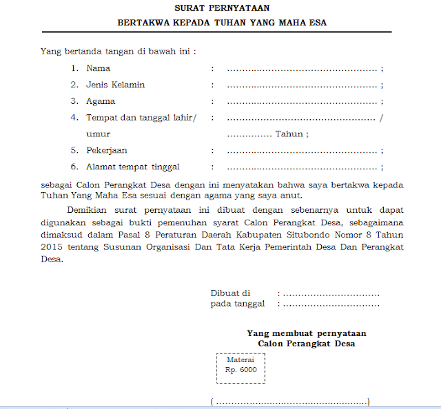 Format Surat Pernyataan Bertakwa Kepada Tuhan Yang Maha Esa