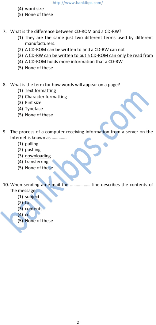 test of computer knowledge for bank exam