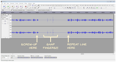 Screen shot of sound recording in Audacity comparing speech and finger snaps.