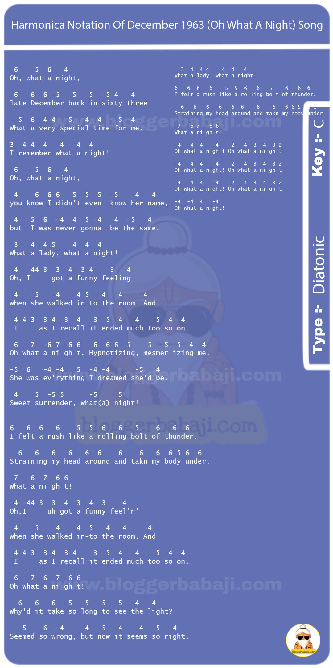 Harmonica Notation Of December 1963 (Oh What A Night) Song