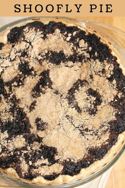 Close up photo of the top of a finished shoofly pie.