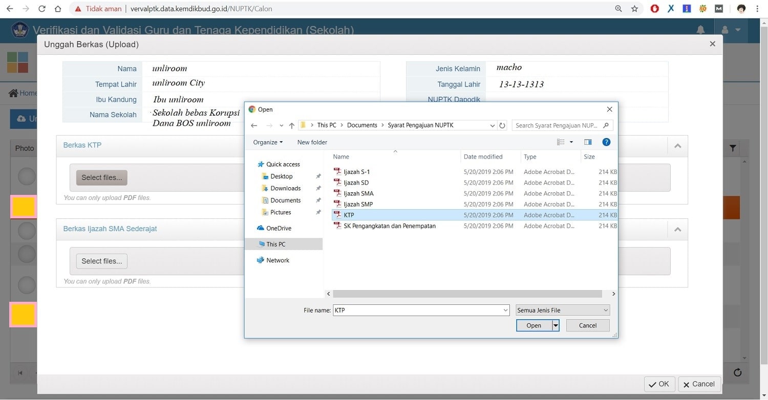 Cara upload file dokumen persyaratan NUPTK Terdapat 6 upload files di verval ptk