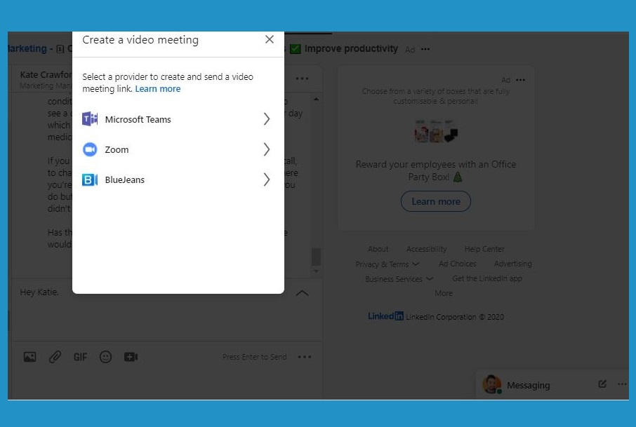 Video meeting options are now available in LinkedIn DM