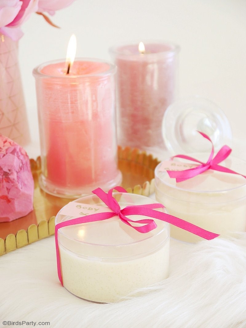 DIY Spa Pampering Kit With Four Recipes - For you or to gift! Gemstone Soap, Scented Glitter Candles and Vegan Body Scrub and Butter. by BIrdsParty.com @birdsparty #valentinesday #valentinesdaycrafts #diy #crafts #handmadegifts #homemadegifts #gemtonesoaps #geodesoaps #diycandles #scentedcandles #glittercandles #vegancrub #naturalcosmetics #veganbodybutter #handcreamDIY#spaparty #spakit #diyspakit #pamperingkit