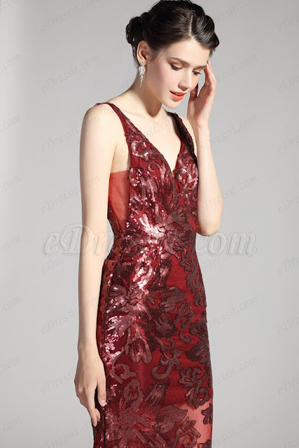 New V-Cut Burgundy Embroidery Mermaid Party Dress