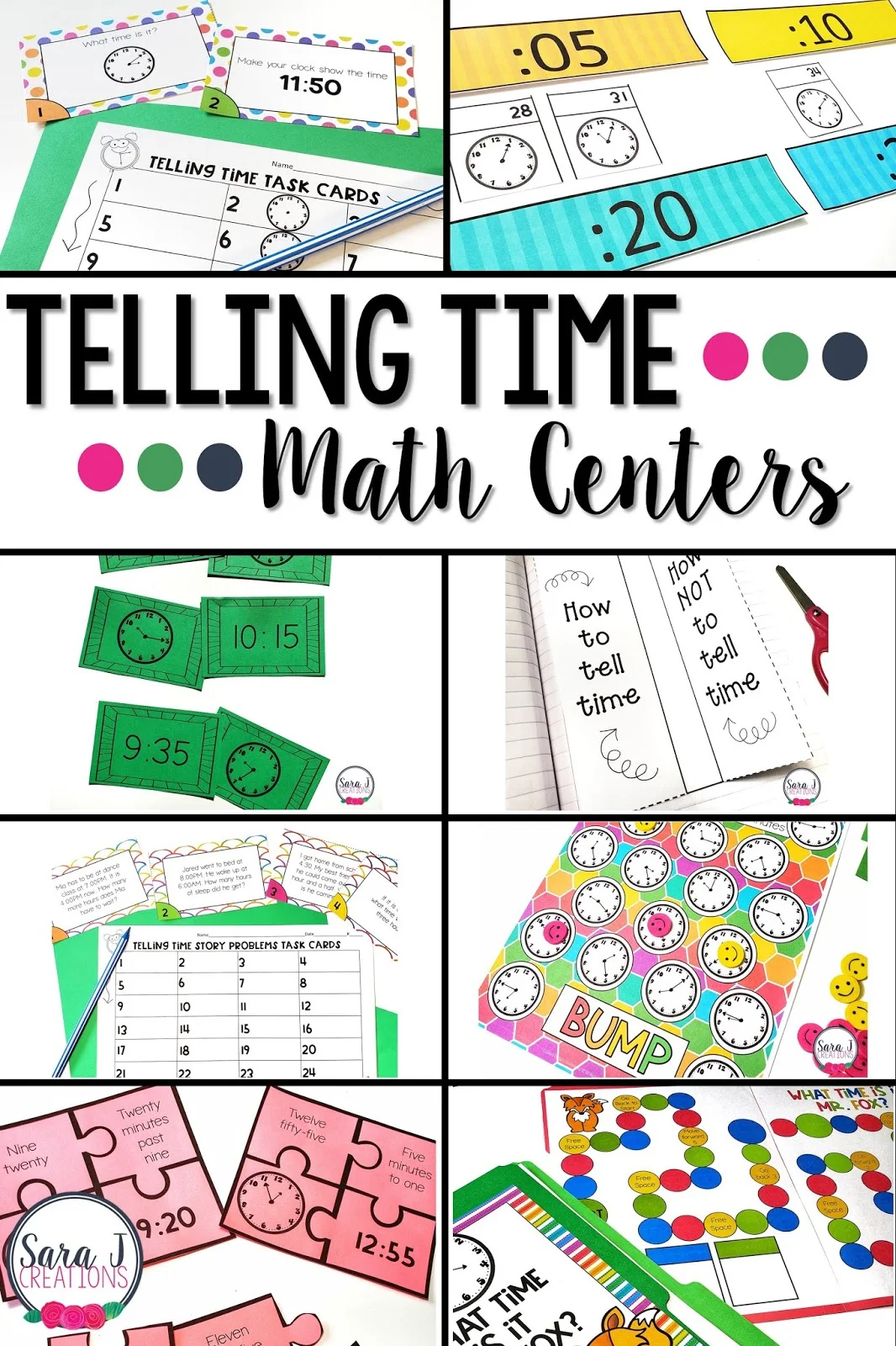 Make teaching telling time more fun and hands-on with these telling time math centers. Eight ready to go centers that have minimal prep, but maximum fun. Students practice reading a clock through games, task cards, puzzles, matching activities, interactive notebooks, and more. These activities are designed for 2nd grade, but could be adapted for first grade or even 3rd grade. 