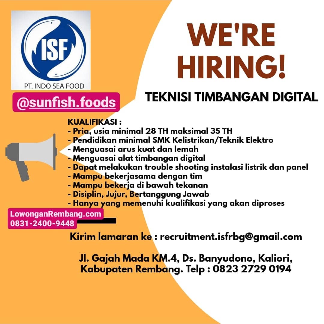 Lowongan Kerja Teknisi Timbangan Digital PT Indo Sea Food Rembang Lowongan Kerja Teknisi Timbangan Digital PT Indo Sea Food Rembang