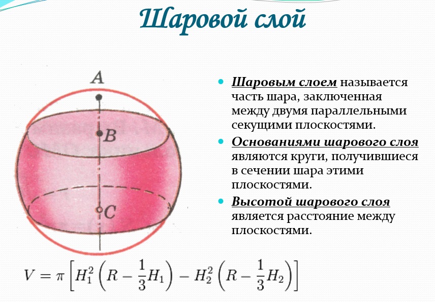 Формула шарового слоя. Формула для вычисления объема шарового слоя. Площадь поверхности шарового слоя формула. Площадь шарового слоя формула. Формула нахождения шарового слоя.