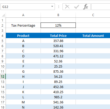 Example sheet to use both relative and absolute references
