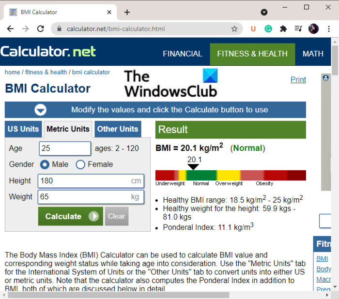 Windows 11/10용 무료 BMI 계산기를 사용하여 체질량 지수(BMI) 계산