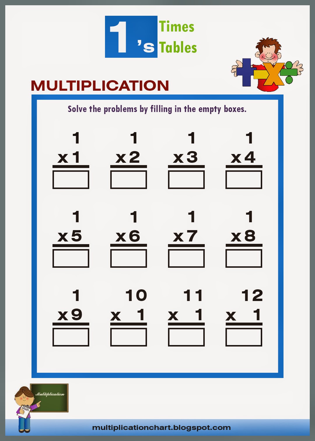 Multiplication Worksheets - 1 Times - MULTIPLICATION CHARTS