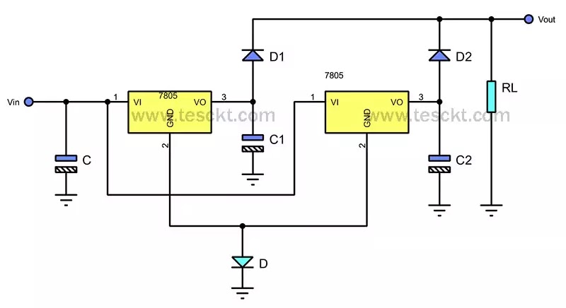 7805 regulator in parallel using diode 7805 regulator in parallel using diode