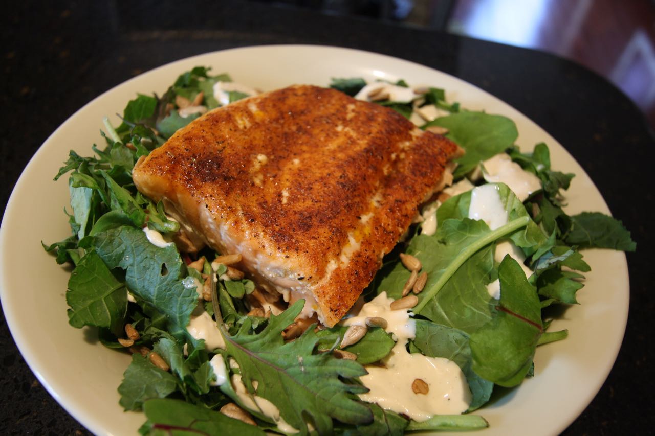 The Roediger House Meal No. 2400 Roasted Salmon on CaesarTopped Greens