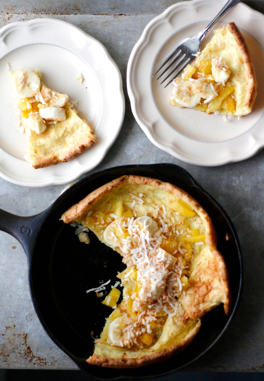 Indigo Scones Brown Butter Coconut Dutch Baby with Bananas and Pineapple