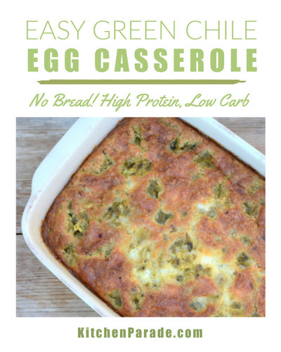 Easy Green Chile Egg Casserole ♥ KitchenParade.com. No bread! Just eggs, green chiles, bits of cheese and a surprising ingredient, cottage cheese. Vegetarian. Low Carb. High Protein. Weight Watchers Friendly!