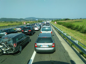 Approaching the "Slovenia Border checkpost.A traffic jam.