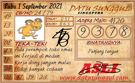 Prediksi Datu Sunggul SGP Rabu 01 September 2021
