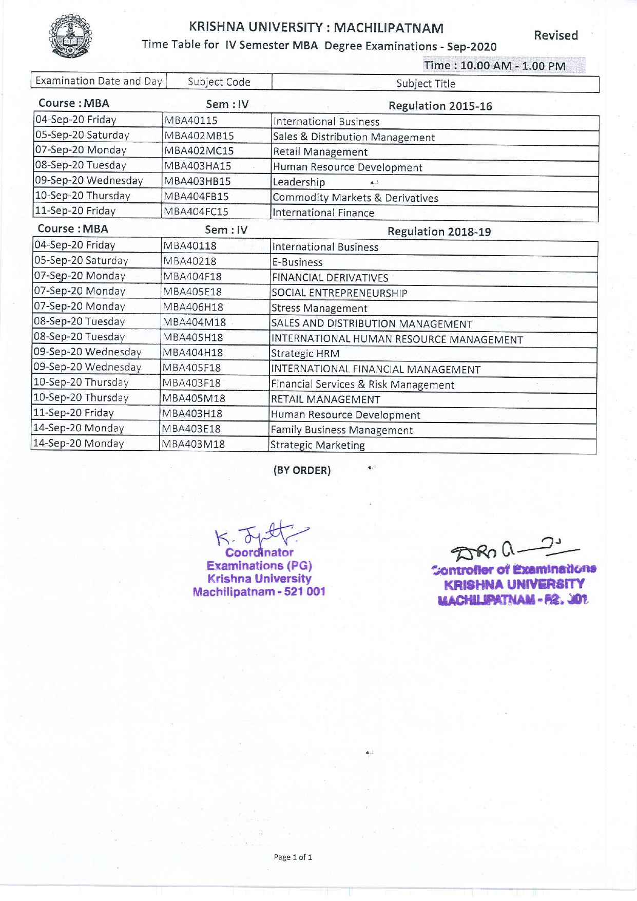 Krishna University MBA 4th Sem Sep 2020 Exam Revised Time Table