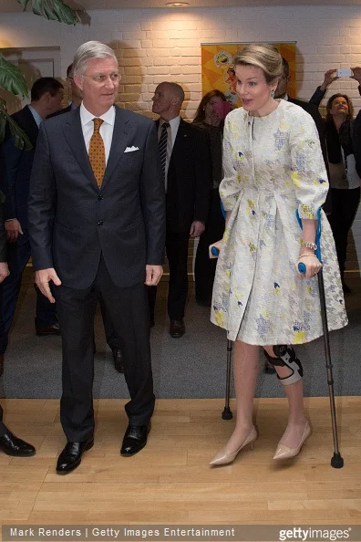 King Philippe and Queen Mathilde of Belgium visit the RTBF studio on March 19, 2015 in Brussels, Belgium. 