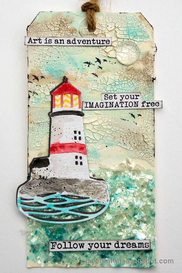 Layers of ink - Lighthouse Tag with crackle paste and mica flakes by Anna-Karin Evaldsson. Layers of ink - Lighthouse Tag with crackle paste and mica flakes by Anna-Karin Evaldsson.