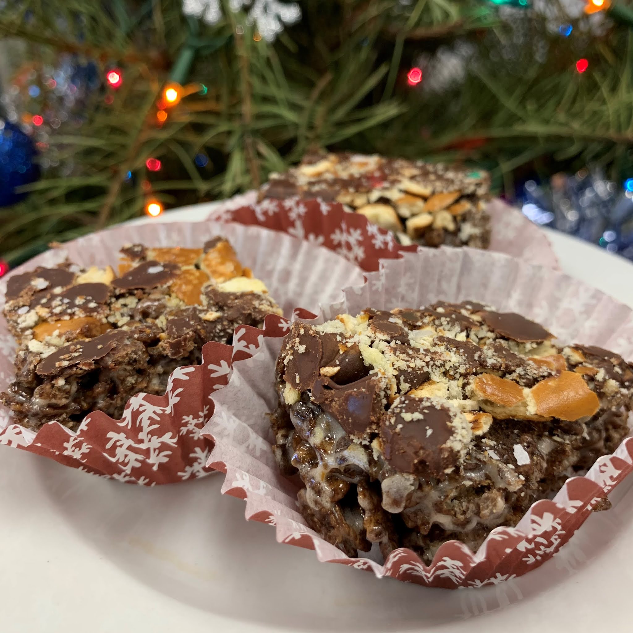 Chocolate Cereal Treats with Crushed Pretzels