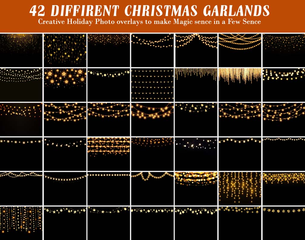 Christmas, Garlands & Tree photo overlays,Golden Light